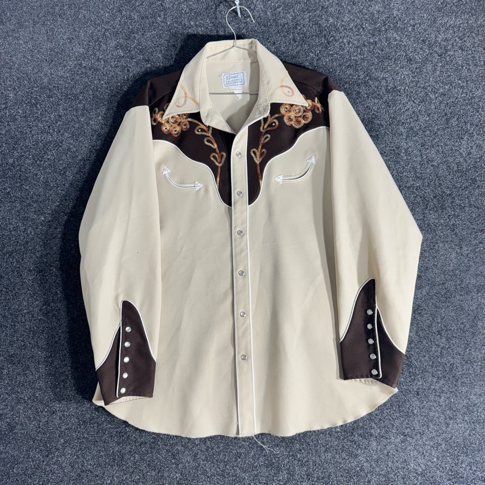 Vintage H Bar C Western Shirt Men’s XL Beige Brown Embroidered Snap Pearl